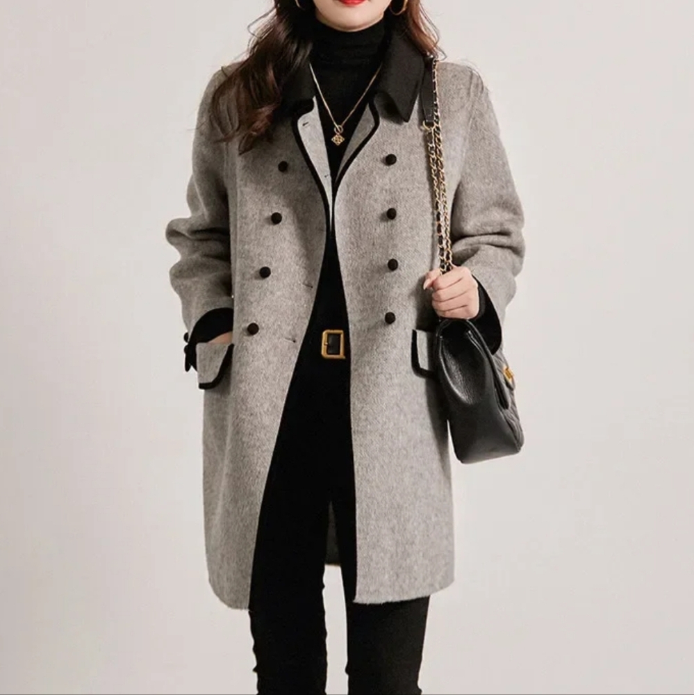 Coat Women's Autumn and Winter New Splicing Lapel Double Breasted - Picture 3 of 5